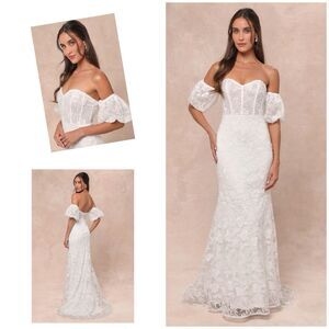 Lulus Everlasting Muse Dress White Embroidered Off the Shoulder Size XS NWT